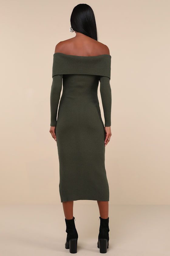 The Lulus Trendy Aura Olive Green Off-the-Shoulder Zip-Front Sweater Dress is the perfect mix of snuggly and sexy! Soft and stretchy ribbed knit shapes this sweater dress with an off-the-shoulder neckline and a foldover bodice that overlays long sleeves (with hidden no-slip strips at the shoulders). Exposed silver zipper accents the neckline for customizable styling, and continues through the center of the bodycon silhouette that finishes at a chic midi hem. Fit: This garment fits true to size. Fall Dresses For Women, Dresses For Fall, Green Sweater Dress, Cozy Sweater Dress, Zip Front Sweater, Front Sweater, Silver Zipper, Midi Dress Casual, Sweater Dress Midi