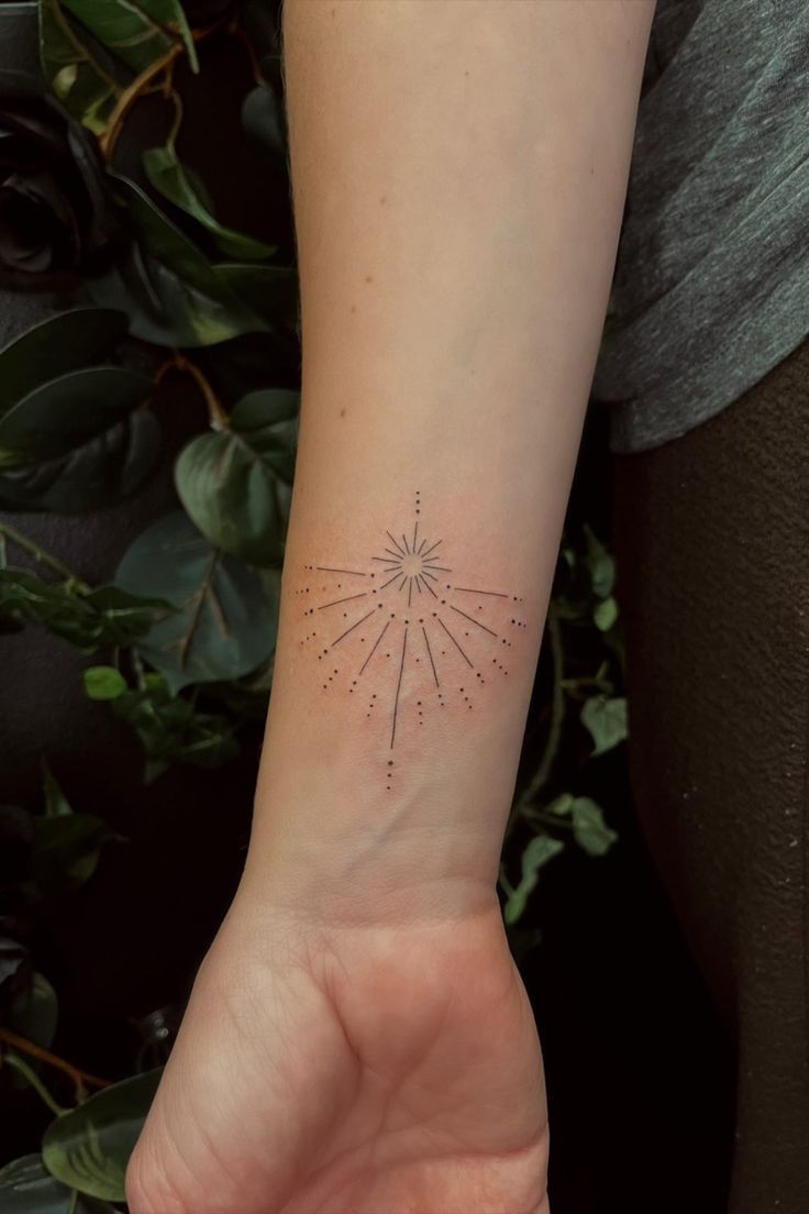 a woman's wrist with a small star tattoo on the left side of her arm