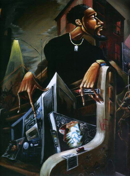 a painting of a man with his hand on the back of a tv and other items