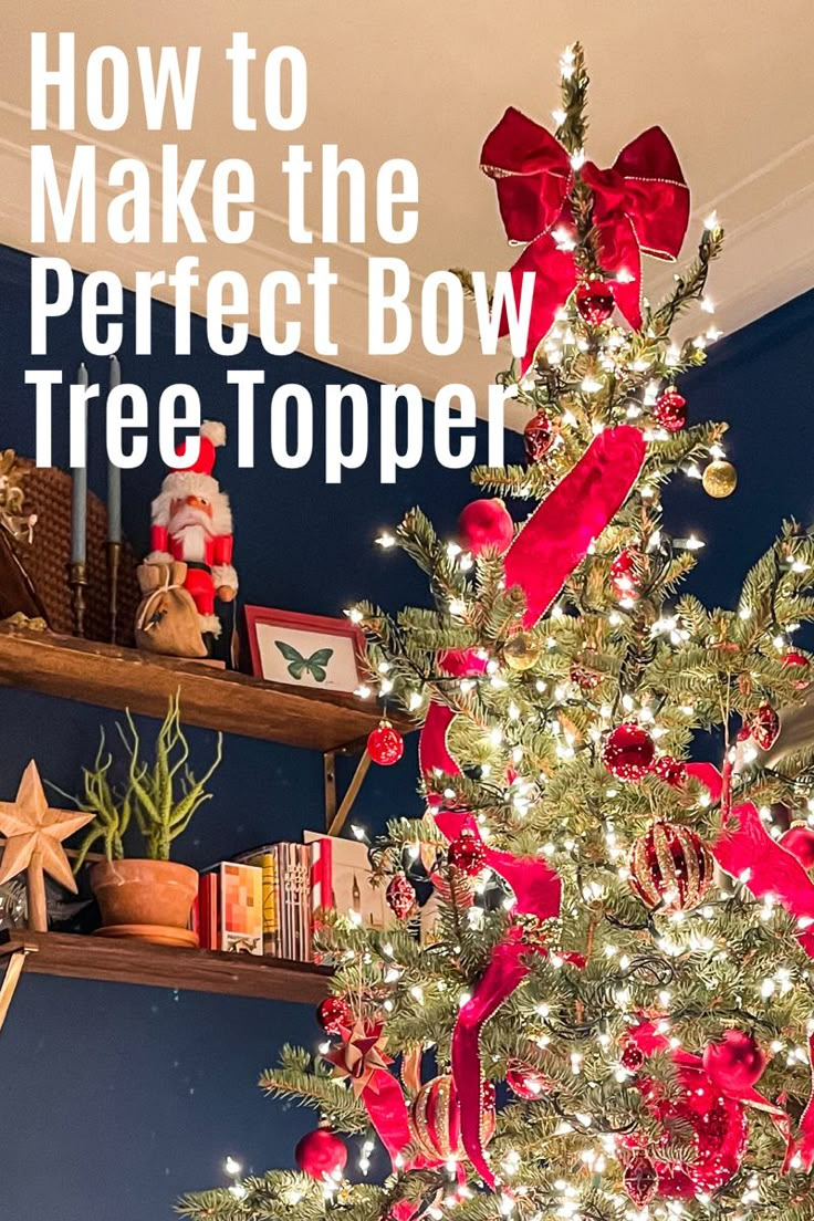 Beautifully decorated Christmas tree in red ornaments and ribbon with a beautiful bow tree topper against a blue wall Diy Bow Topper Christmas Trees, Christmas Bow Tree Toppers Diy, Christmas Tree Topper Tutorial, Tree Topper Bow Diy, Christmas Tree Topper Bow Diy, Christmas Tree Topper Ribbon, Ideas For Christmas Crafts, Christmas Tree Toppers Unique, Bow Tree Topper