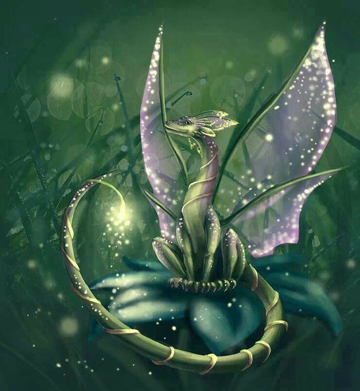 a painting of a green dragon sitting on top of a plant with water droplets all over it