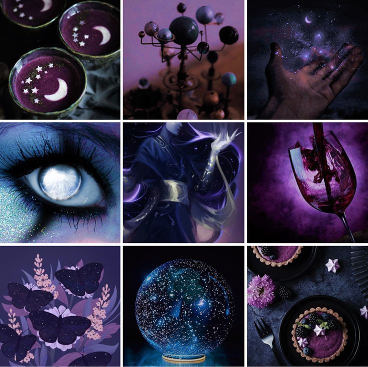 the collage shows many different images in purple and black