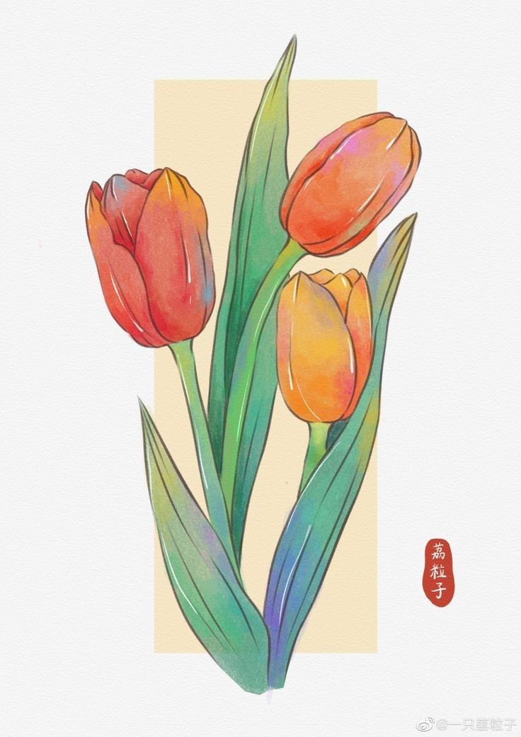 three orange tulips on a white background with chinese writing in the bottom corner