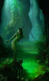 a painting of a woman standing on a dock in the middle of a swampy area