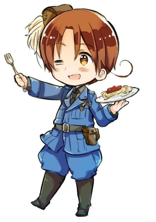 an anime character holding a plate with food on it