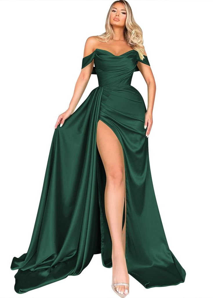 PRICES MAY VARY. This soft satin dress features Off the shoulder, Mermaid, Ruched, Wrap, Pleated bodice, High split, Bodycon. A figure-flattering waistline and a full, soft skirt complete the look. You will receive many compliments on this. How to Choose Size: Please refer to the Size Chart. Also custom service is provided. Time:It takes 1~3 days to make a new dress. Occasions: This quality dress is suitable for bridesmaids, engagement, wedding/beach wedding/semi formal wedding/formal farm weddi Satin Prom Dress Long, Trumpet Prom Dress, Prom Dresses Long Mermaid, Glamorous Party, Evening Dresses Cocktail, فستان سهرة, Empire Dress, Satin Prom Dress, Dress Satin