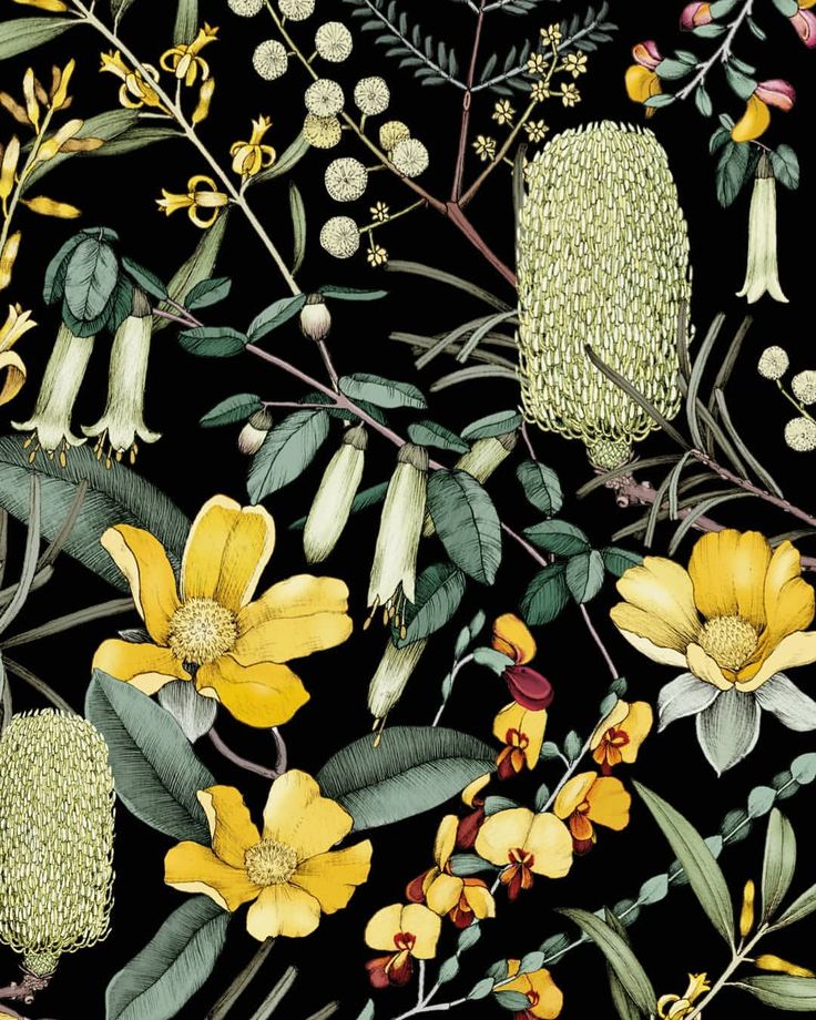 a black background with yellow flowers and green leaves