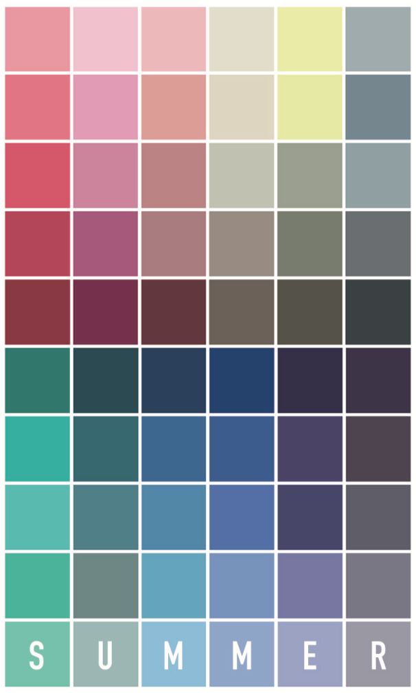 the color scheme for summer is shown in shades of blue, green and pinks