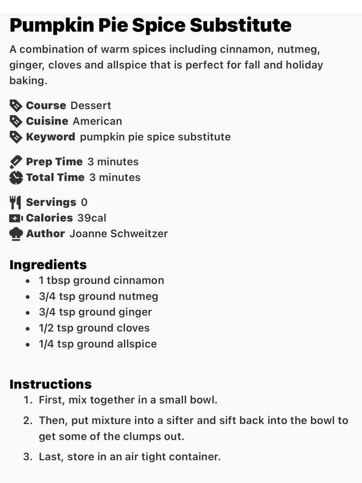 the pumpkin pie spice substite recipe is shown in black and white, as well as instructions for how to make it