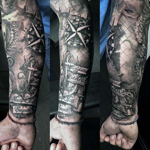 three different views of a man's arm with tattoos on it