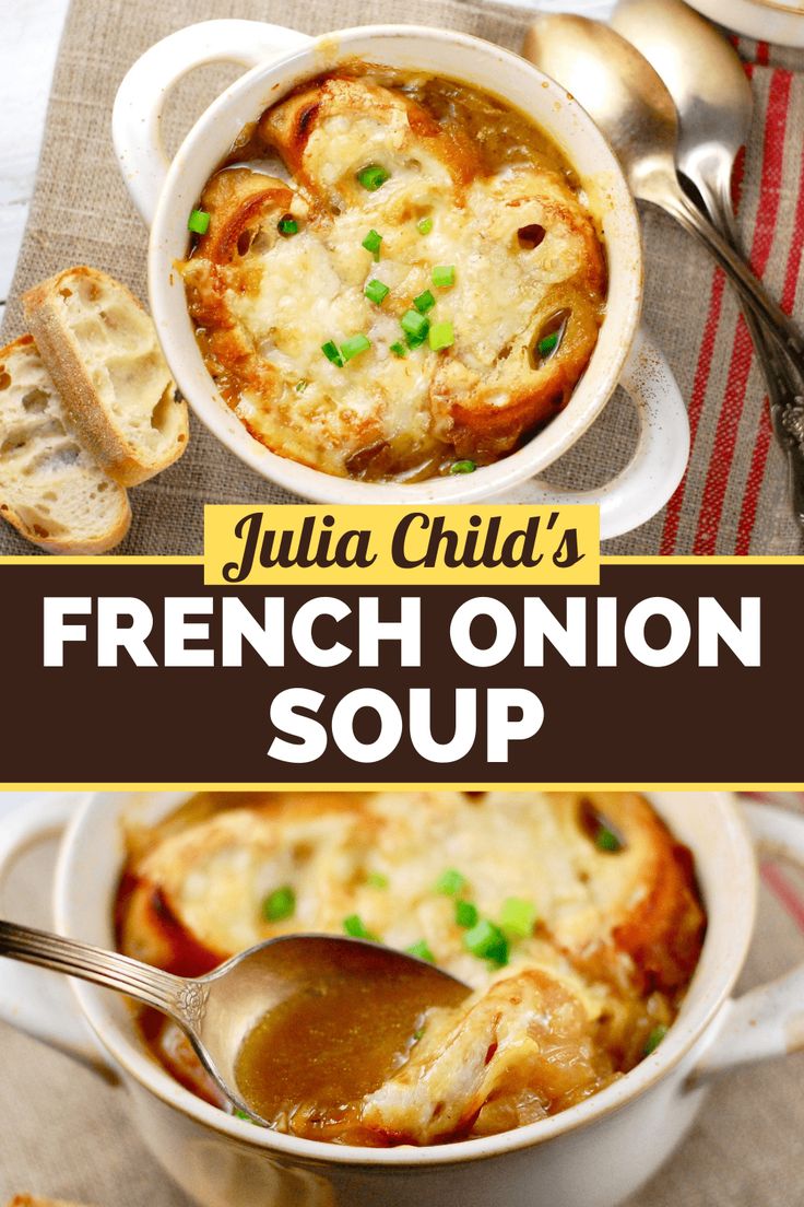 a bowl of french onion soup with bread on the side and spoons in it