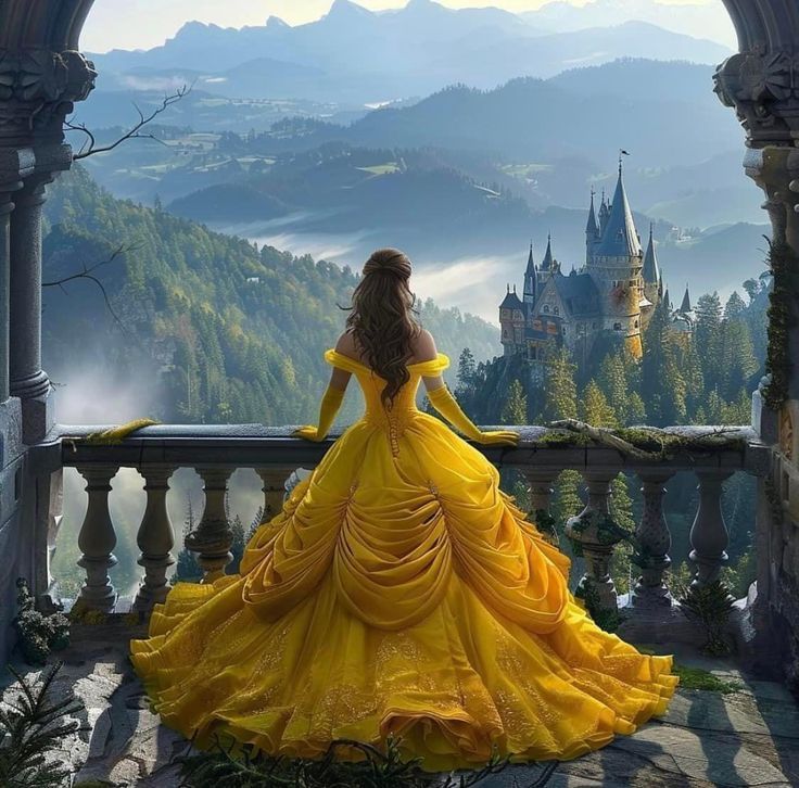 a woman in a yellow dress is looking out at the mountains and castle from a balcony