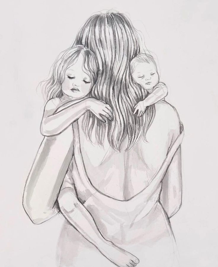 a drawing of a woman holding a baby in her arms and the back of her head