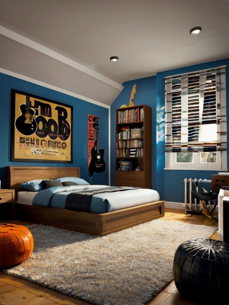 a bedroom with blue walls and white carpeted flooring has a guitar on the wall