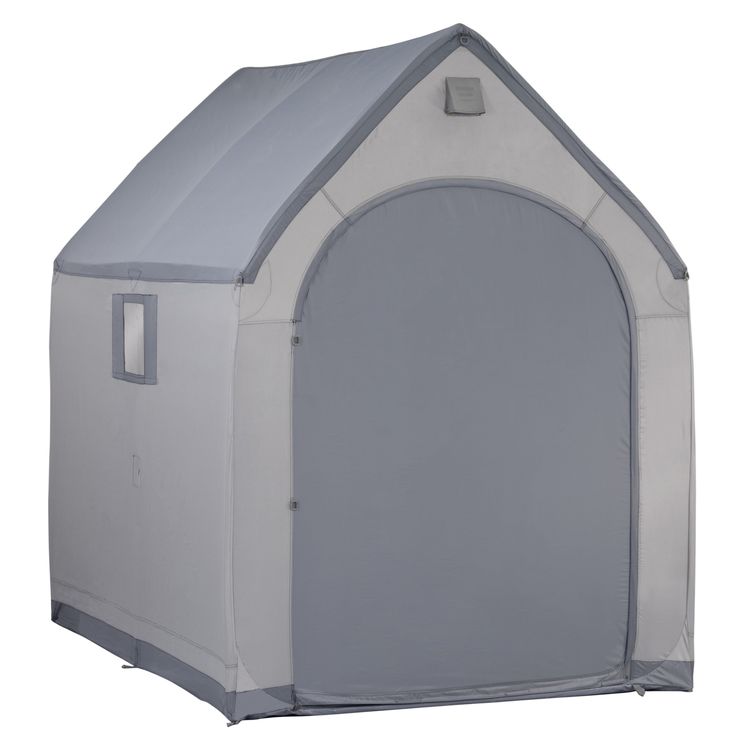 a gray and white tent with the door open