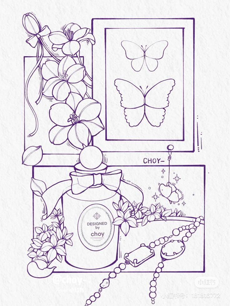 a drawing of flowers and butterflies in front of a window with the words chrys on it