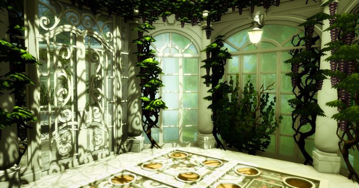 the room is decorated with plants and decorative tiles on the floor, as well as an arched window