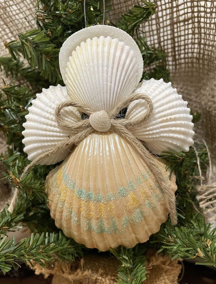 a seashell ornament hanging from a christmas tree