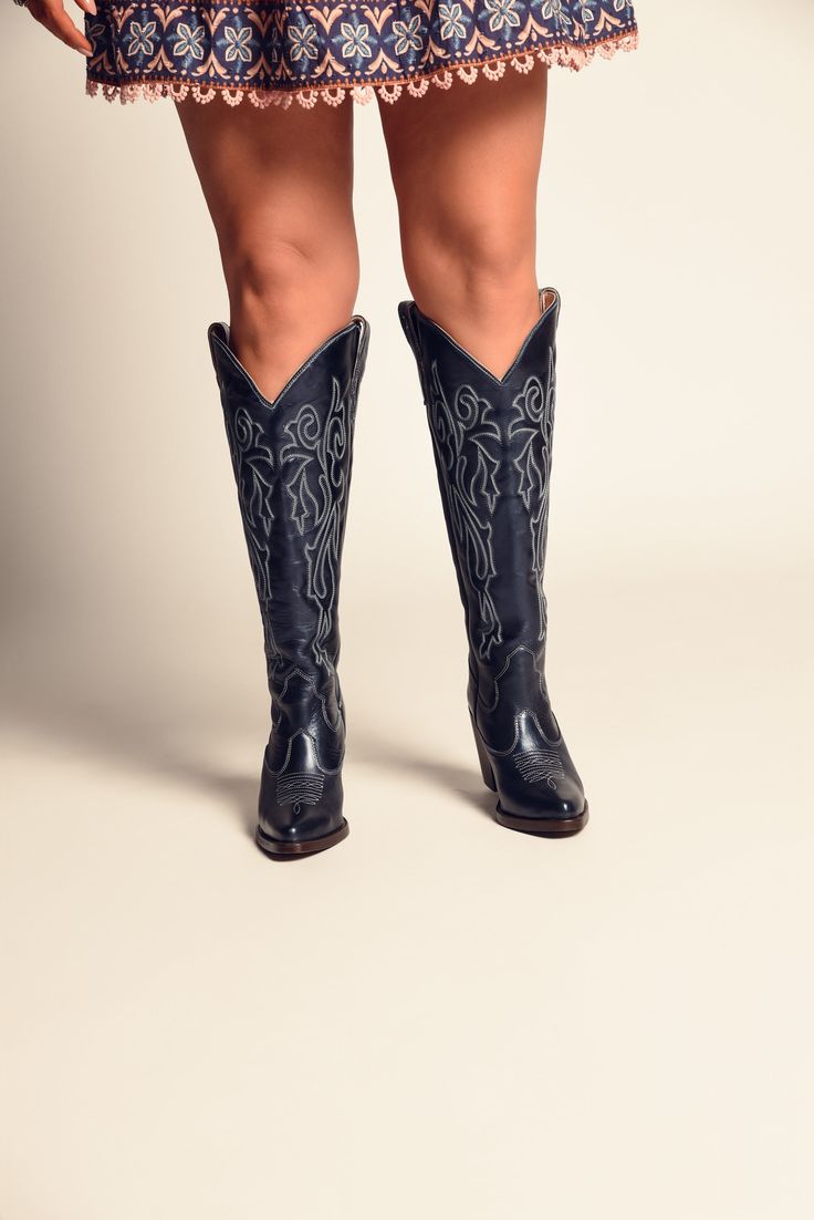 Bristol Western Boot Outfits, Wide Calf Cowboy Boots, Boot Outfits, Western Boot, Wide Calf, Navy Leather, 5 Inch Heels, Boots Outfit, Western Boots