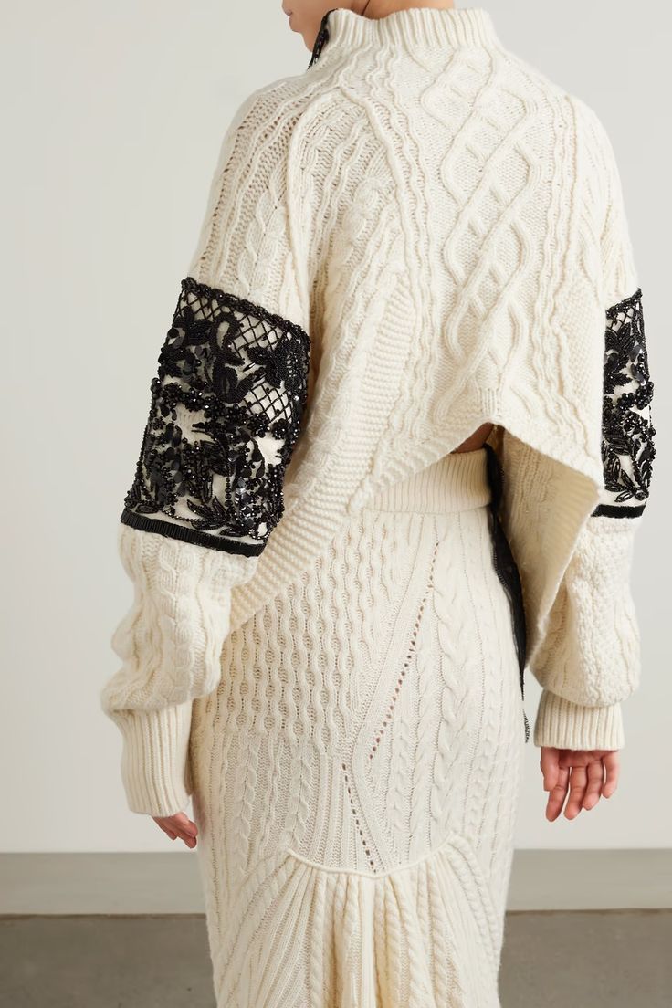 ERDEM Lace-trimmed embellished cable-knit wool-blend sweater | NET-A-PORTER Knitting Fashion, Knitwear Trends, Patchwork Sweater, Cable Pattern, Knitwear Fashion, Junya Watanabe, Looks Chic, Crochet Art, Knit Fashion