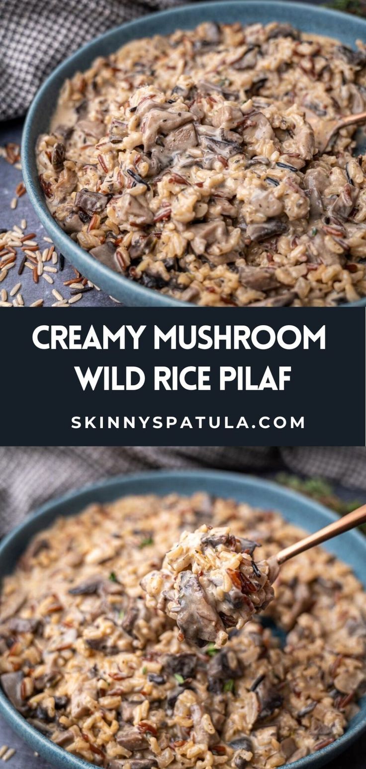 a bowl full of creamy mushroom wild rice pilaf