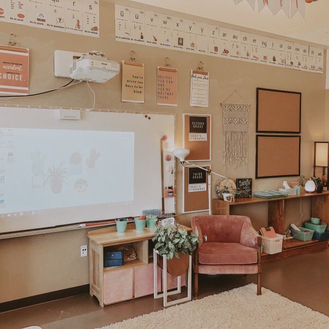 a room with a large white board on the wall