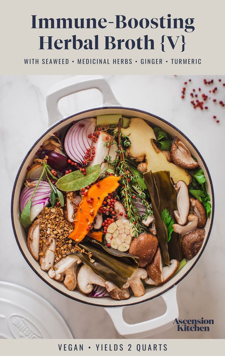 a pot filled with vegetables and mushrooms on top of a table