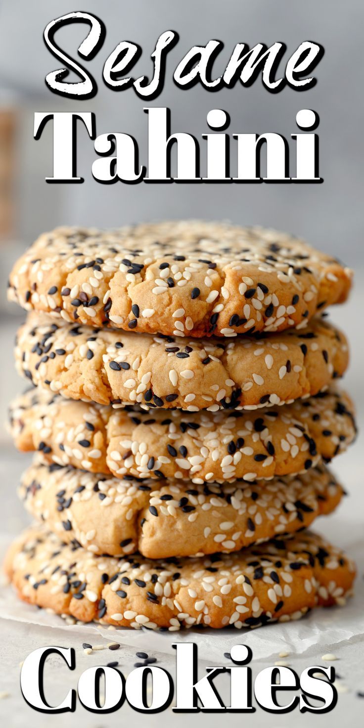 sesame tahitii cookies stacked on top of each other with the title above it