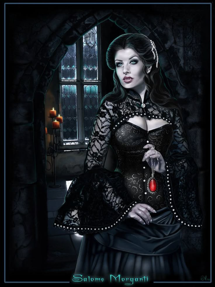 a painting of a woman dressed in gothic clothing