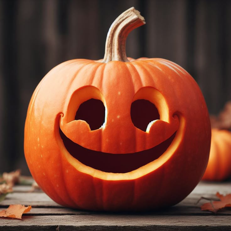 a carved pumpkin sitting on top of a wooden table