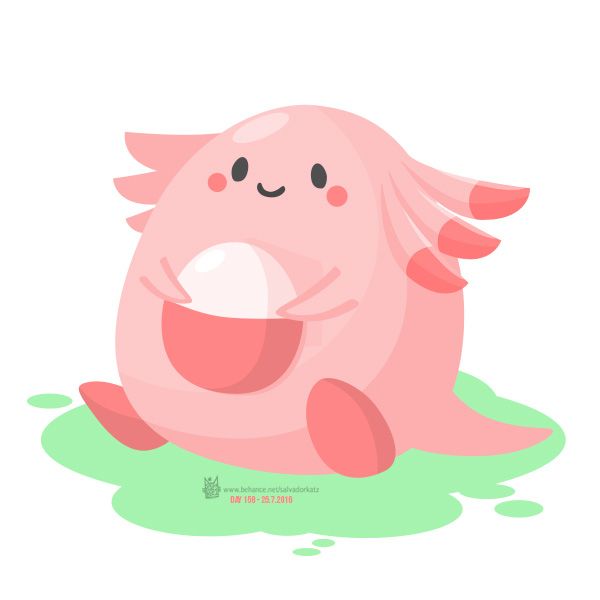 a pink cartoon character sitting on the ground with its eyes closed and arms out, holding a