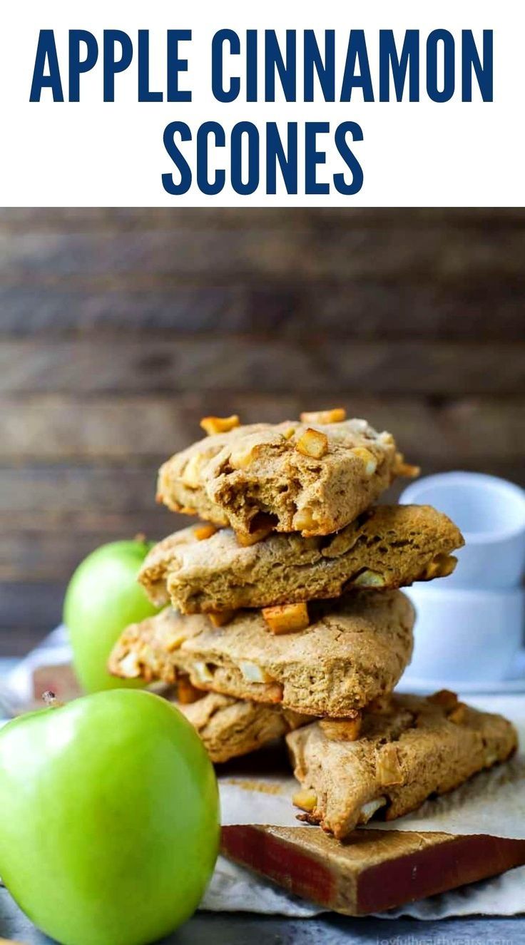 apple cinnamon scones stacked on top of each other with apples in the background and text overlay