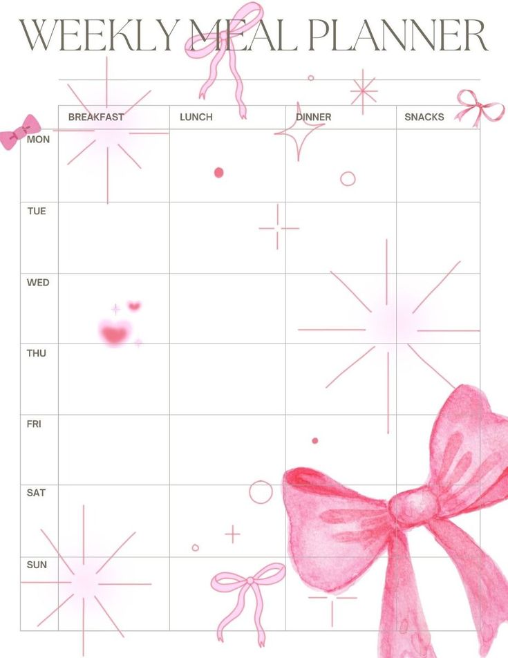 a weekly meal planner with pink bows on it