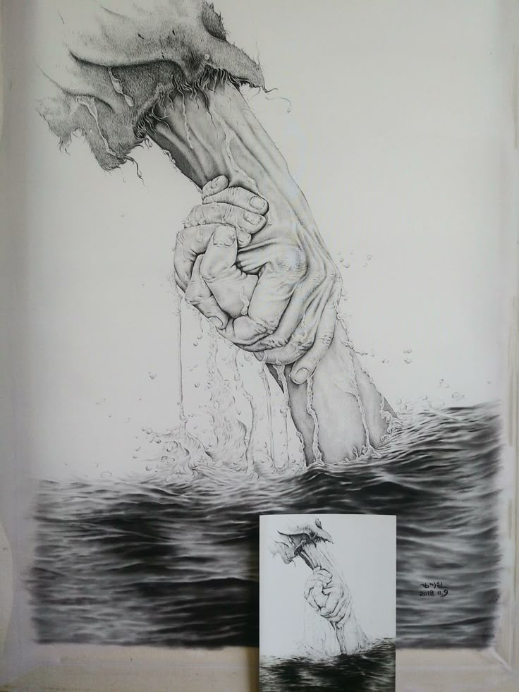 a black and white drawing of a hand reaching for something in the water with it's mouth