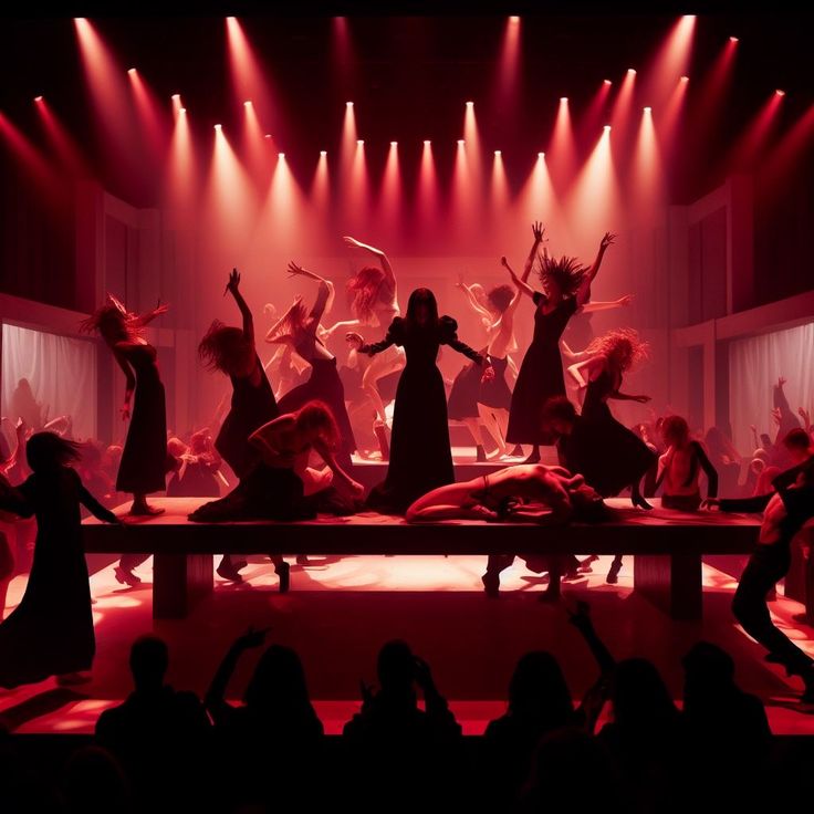 a group of people dancing on stage with red lights