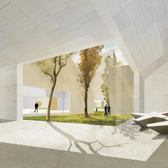 an artist's rendering of the interior of a building with trees and people walking around