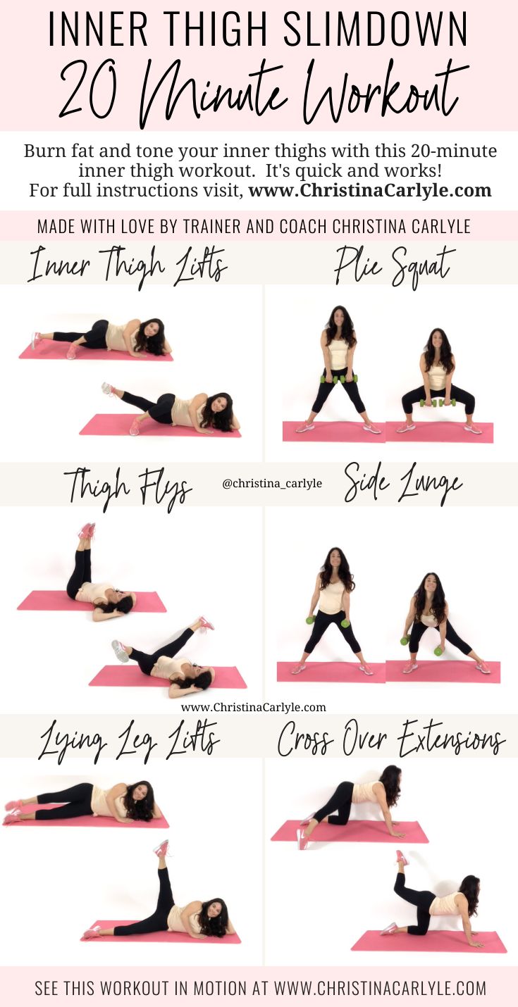 a woman doing yoga poses with the words, inner thigh slimdown 20 minute workout