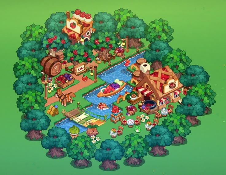 the game has an island with lots of trees and houses on it, as well as many