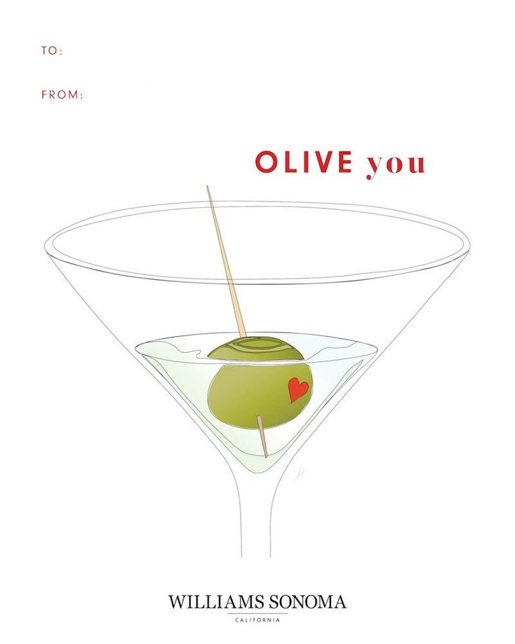 an olive in a martini glass with the words olive you