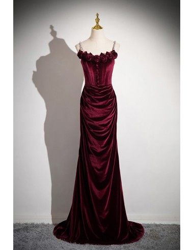 10% off now! Shop elegant handmade flower velvet slimming burgundy prom dress with beading straps online. Sheprom offers formal, party, casual & more style dresses to fit your special occasions. Burgundy Elegant Dress, Deep Red Prom Dress, Velvet Moodboard, Long Hoco Dresses, Military Ball Dress, Burgundy Prom, Dark Red Dresses, Velvet Prom Dress, Chefs Kiss