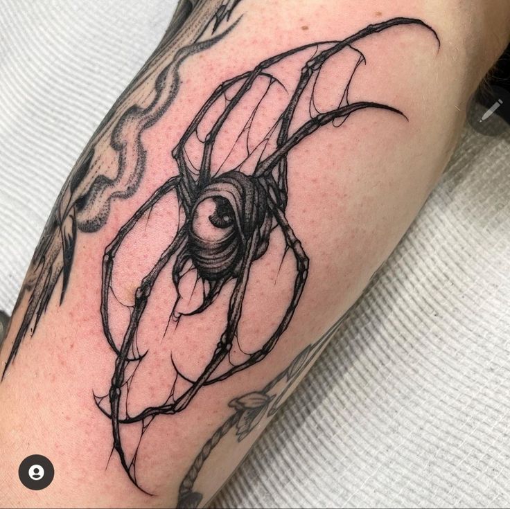 a man's arm with a spider tattoo on it and an eye in the center