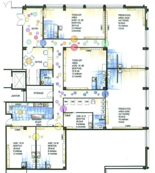 the floor plan for an apartment with two floors and three rooms, all in different colors