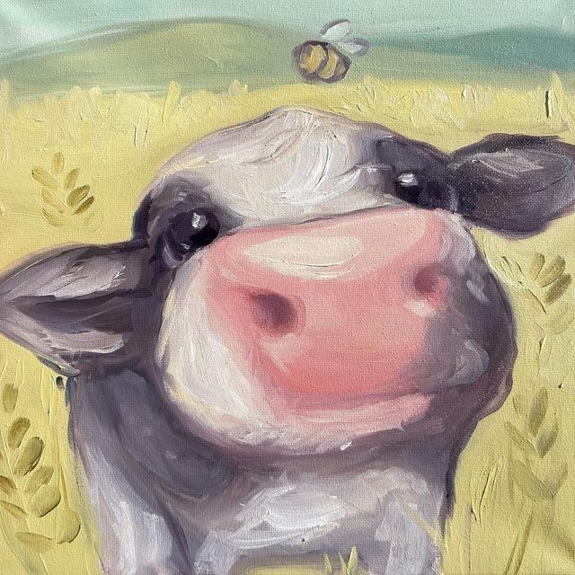 a painting of a cow in a field with a bee flying above it's head