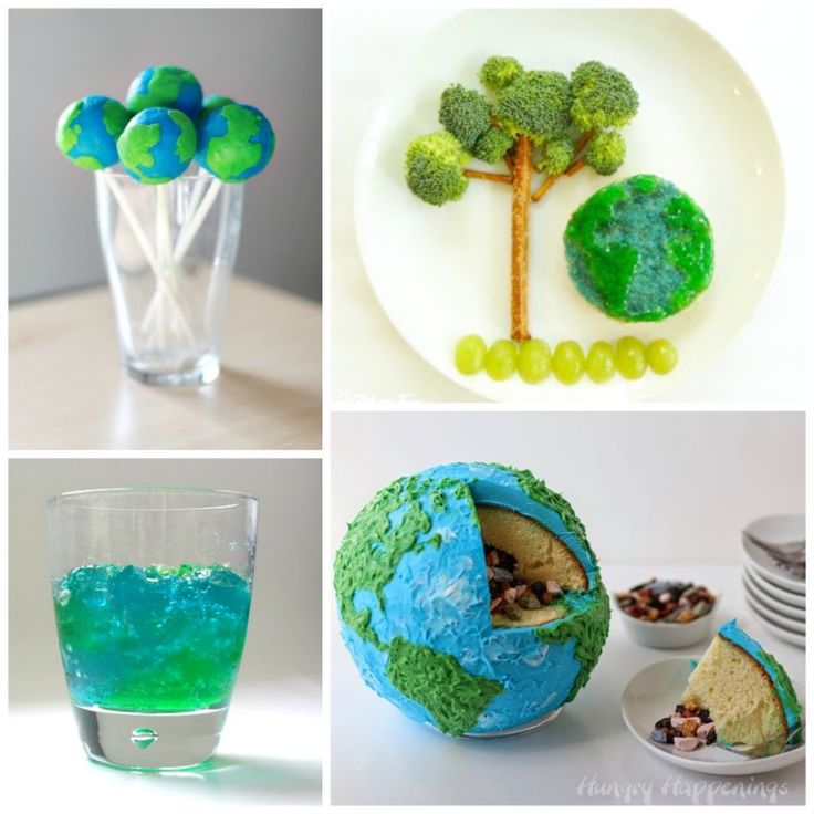 there are four different pictures with food and drinks in them, one is made to look like the earth