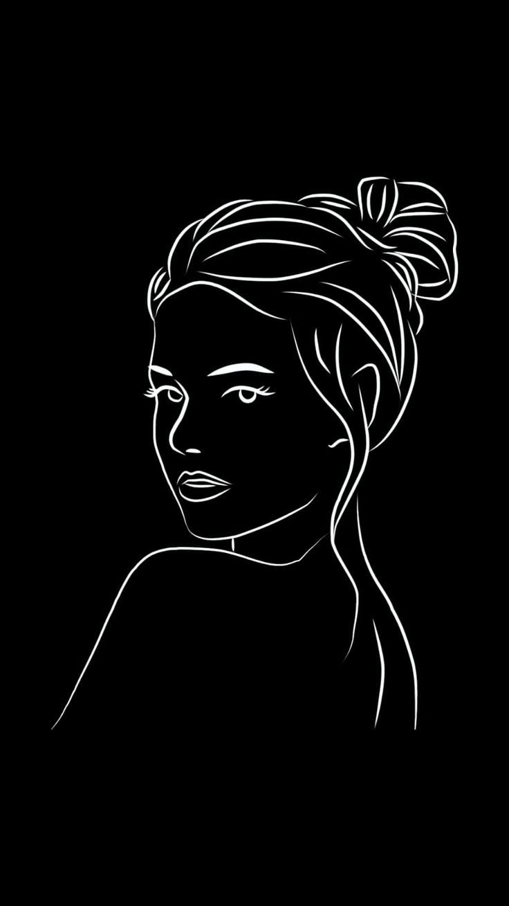 a black and white drawing of a woman's face with a bun in her hair