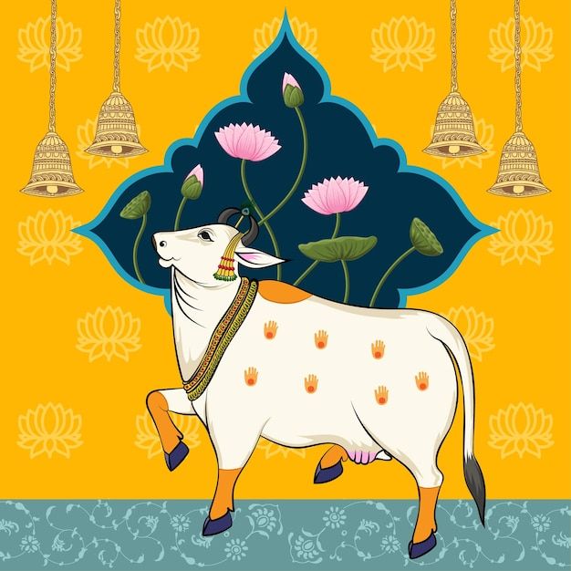 a cow with bells hanging from it's back and flowers on the wall behind it