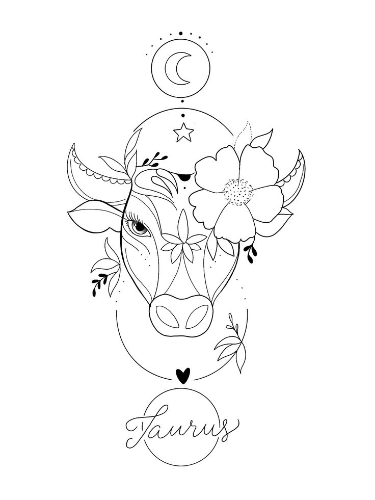 a cow with flowers on it's head and the word taurus written in cursive writing