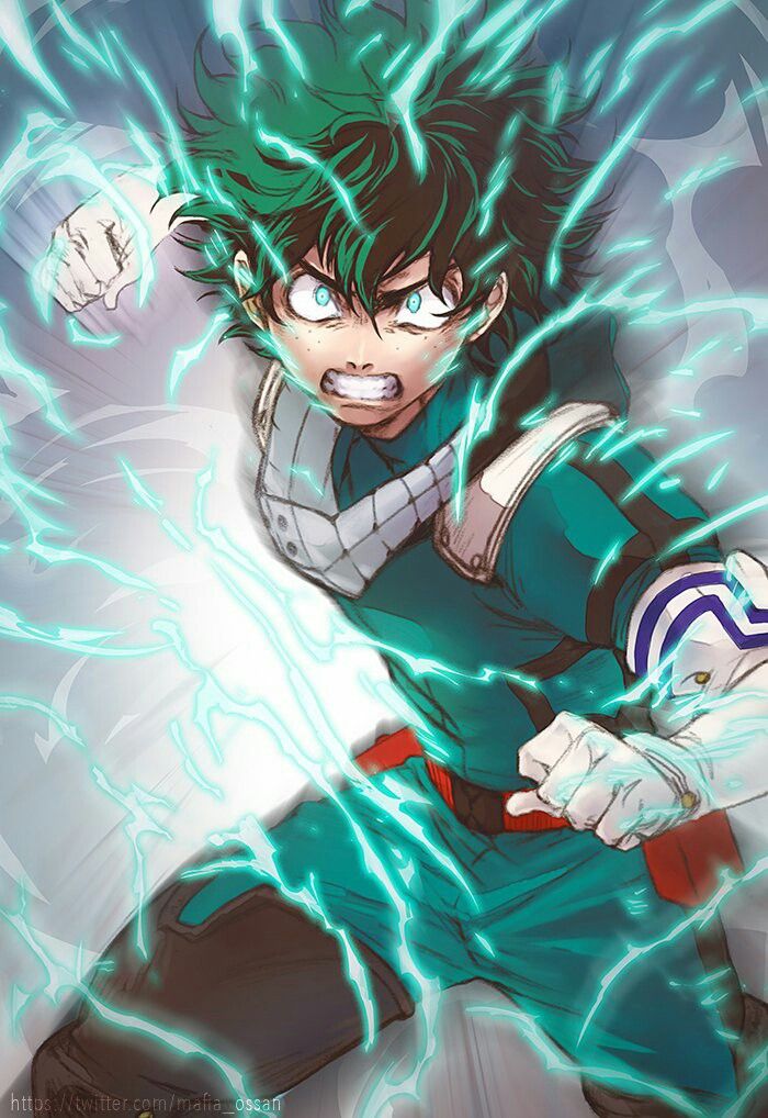 an anime character with green hair and blue eyes, holding his hands out in front of him