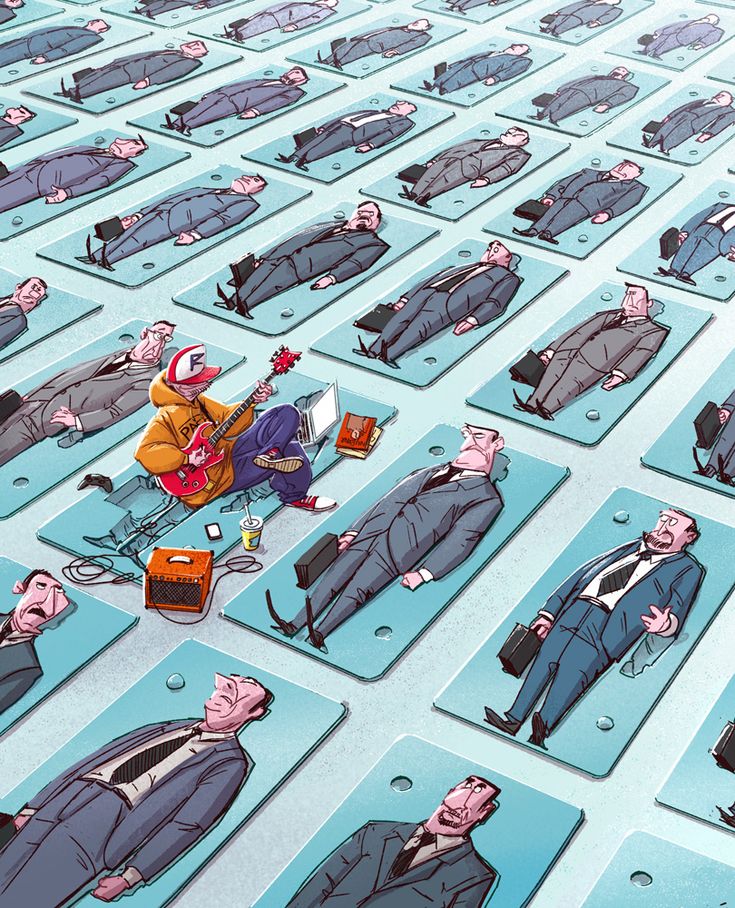 several cartoon images of men in suits and ties laying on top of blue plastic trays