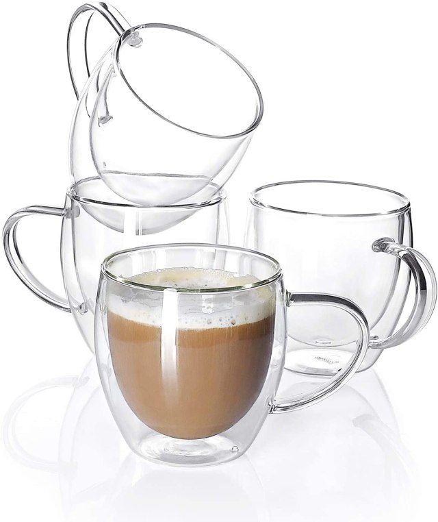 three glass cups with different types of coffee in them